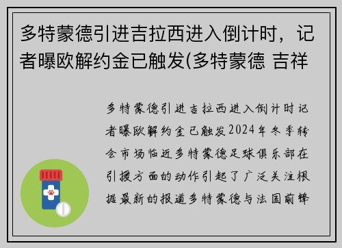 多特蒙德引进吉拉西进入倒计时，记者曝欧解约金已触发(多特蒙德 吉祥物)