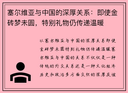 塞尔维亚与中国的深厚关系：即使金砖梦未圆，特别礼物仍传递温暖