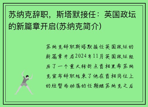 苏纳克辞职，斯塔默接任：英国政坛的新篇章开启(苏纳克简介)