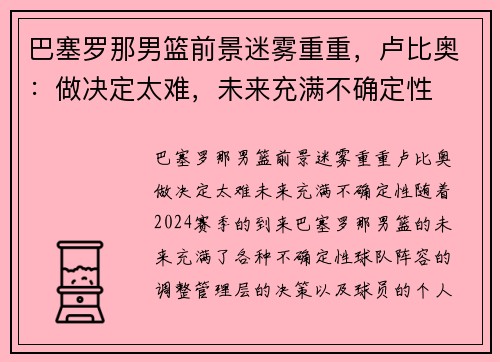 巴塞罗那男篮前景迷雾重重，卢比奥：做决定太难，未来充满不确定性